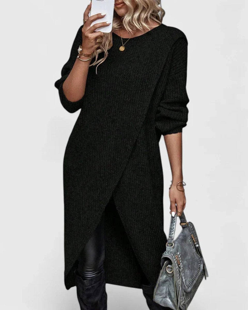 Women's Long-Sleeve Crossover Hem Knit Sweater Dress - Black
