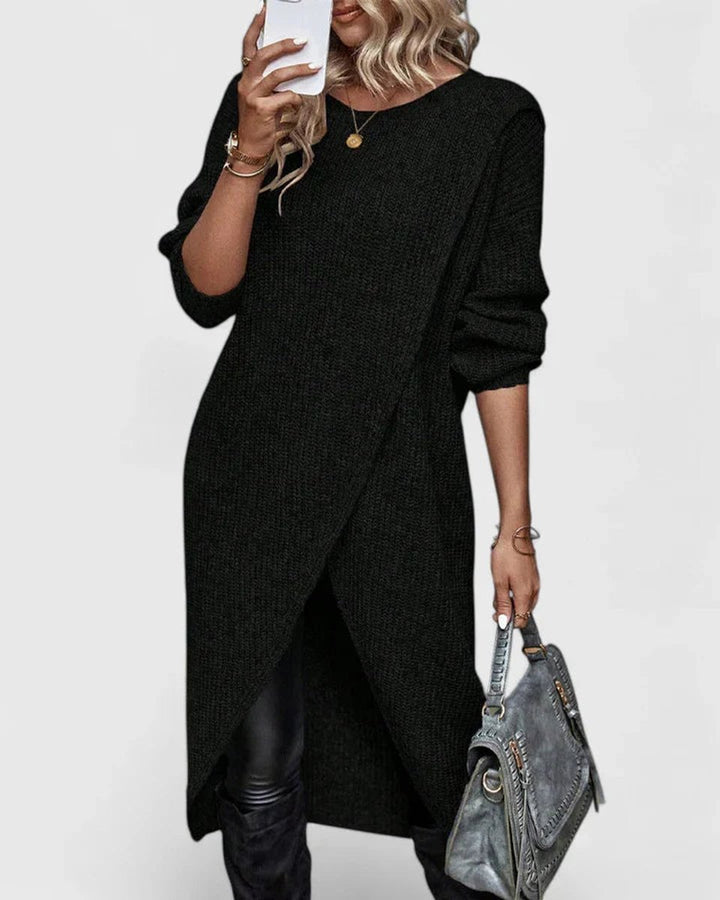 Women's Long-Sleeve Crossover Hem Knit Sweater Dress - Black