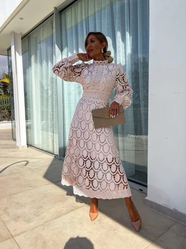 Women's Long Sleeve Lace Midi Evening Dress High Neck A-Line
