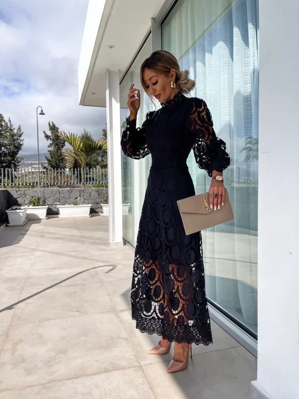 Women's Long Sleeve Lace Midi Evening Dress High Neck A-Line - Black