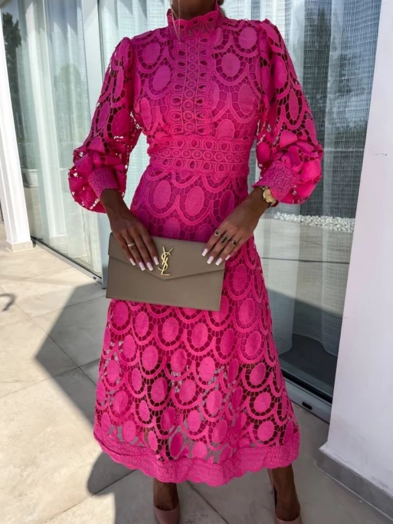 Women's Long Sleeve Lace Midi Evening Dress High Neck A-Line