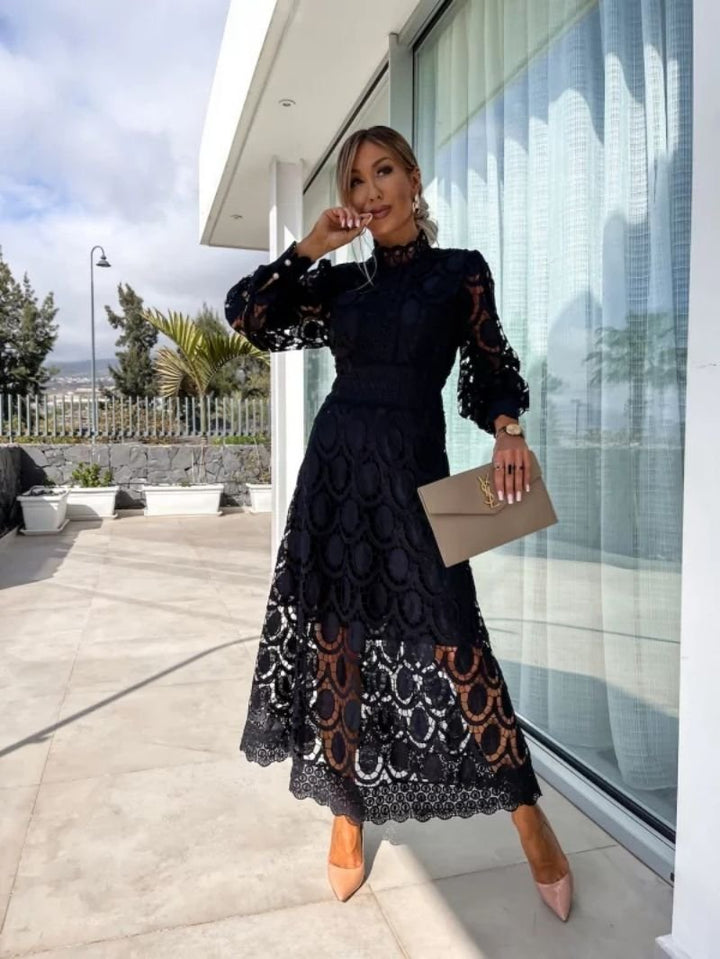 Women's Long Sleeve Lace Midi Evening Dress High Neck A-Line