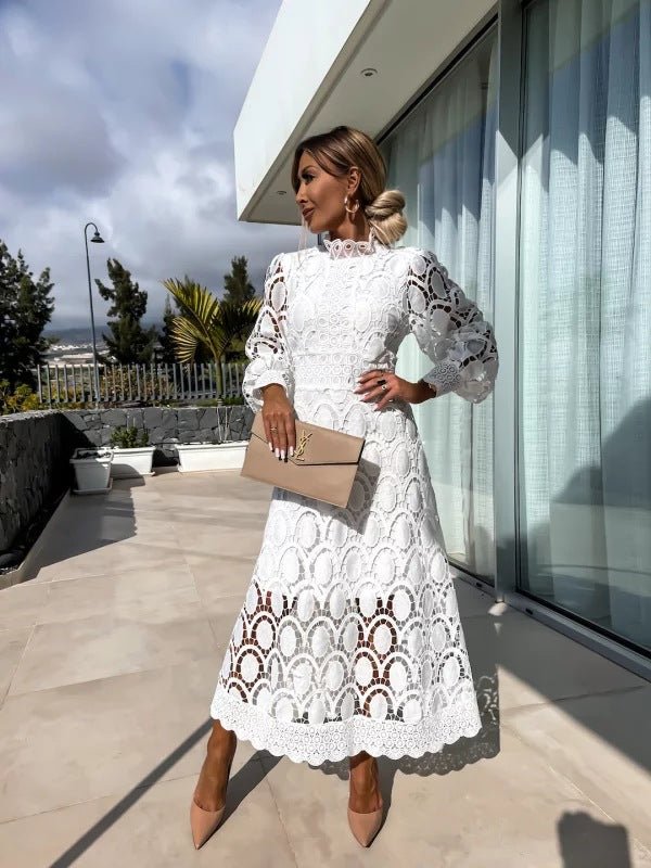 Women's Long Sleeve Lace Midi Evening Dress High Neck A-Line - White