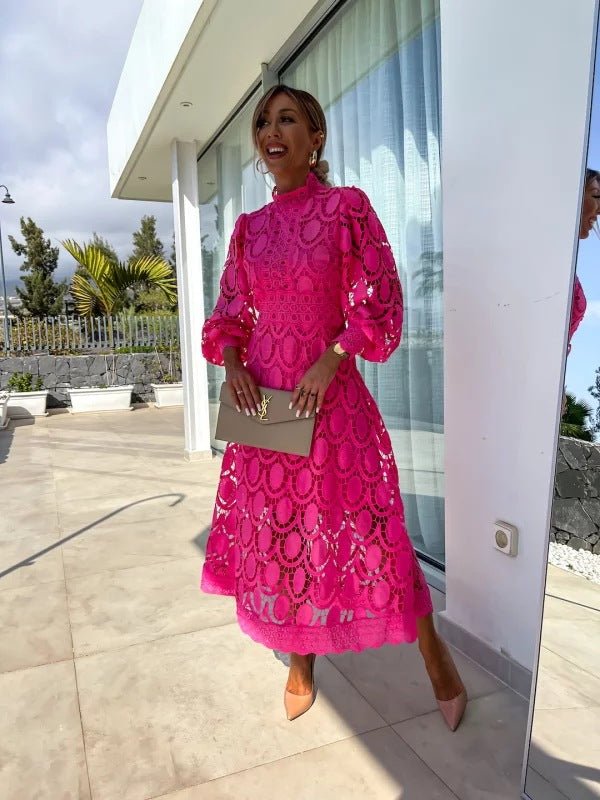 Women's Long Sleeve Lace Midi Evening Dress High Neck A-Line - Dark Pink