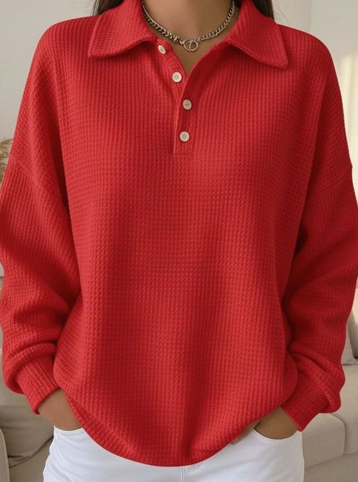 Women's Long Sleeve Polo Knit Sweater Button Collar - Red
