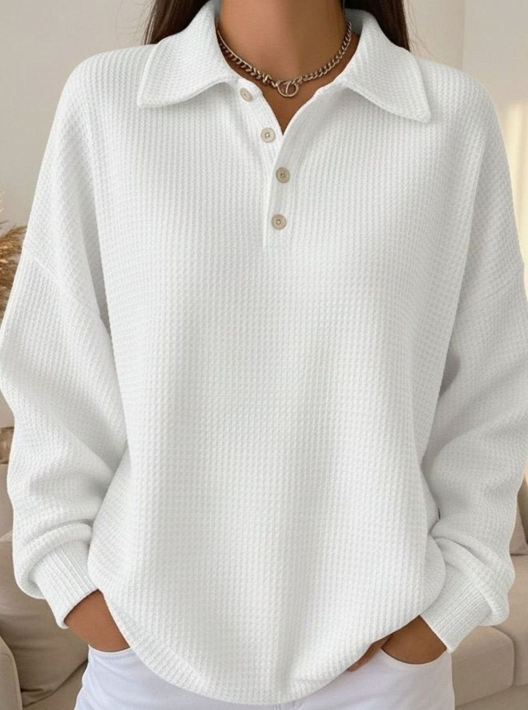 Women's Long Sleeve Polo Knit Sweater Button Collar - White