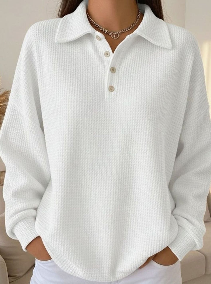 Women's Long Sleeve Polo Knit Sweater Button Collar - White