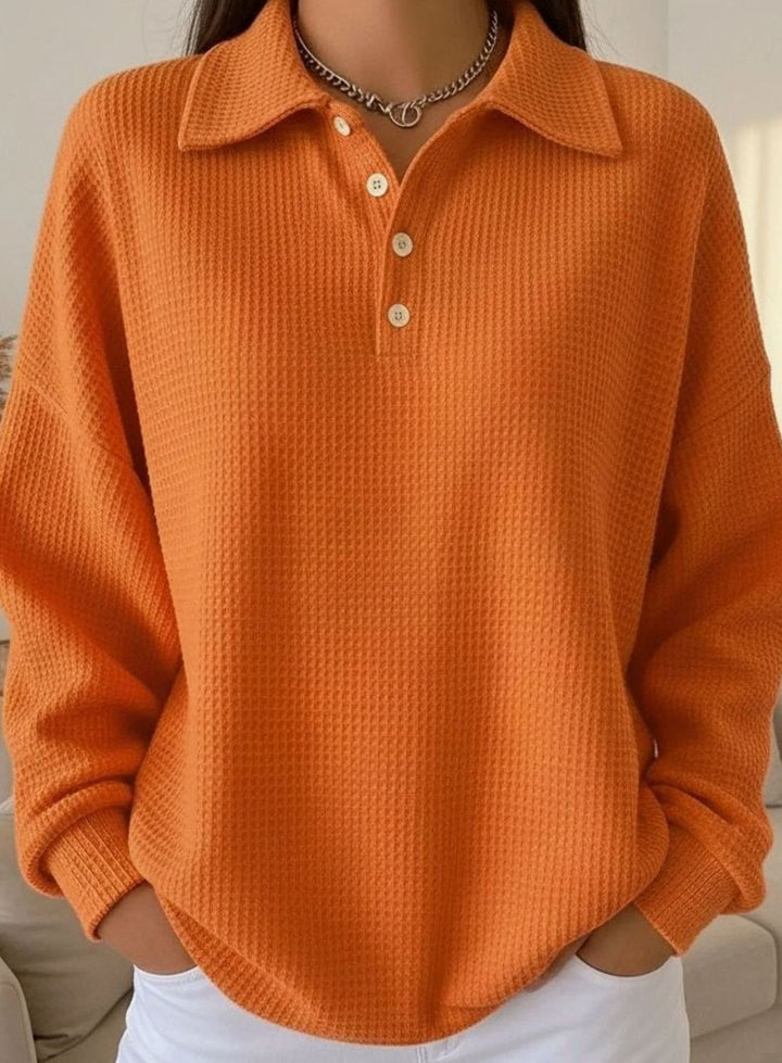 Women's Long Sleeve Polo Knit Sweater Button Collar - Orange