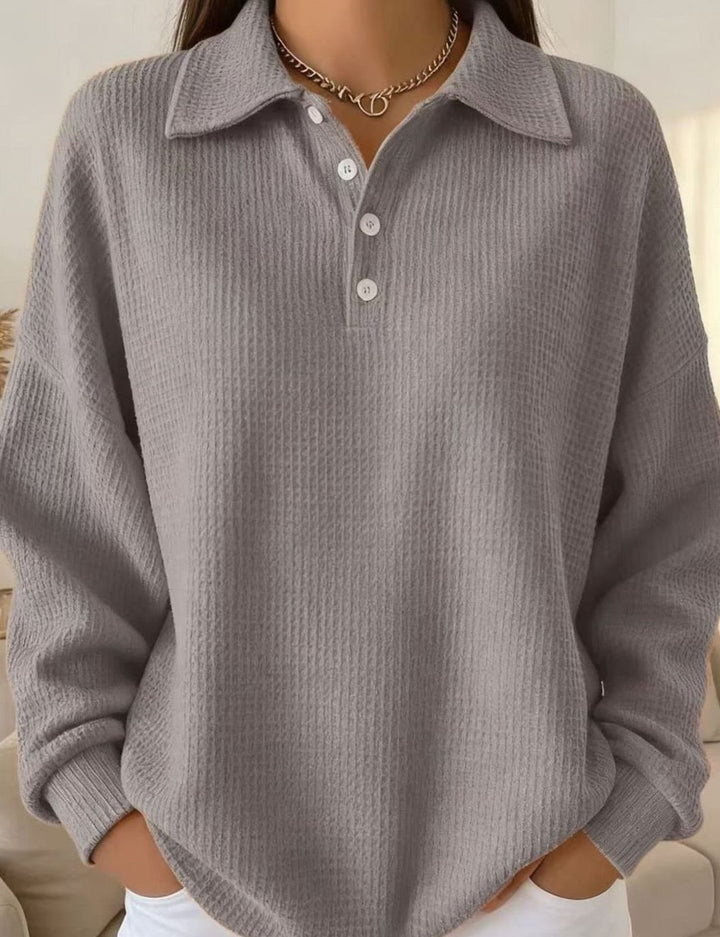 Women's Long Sleeve Polo Knit Sweater Button Collar - Gray