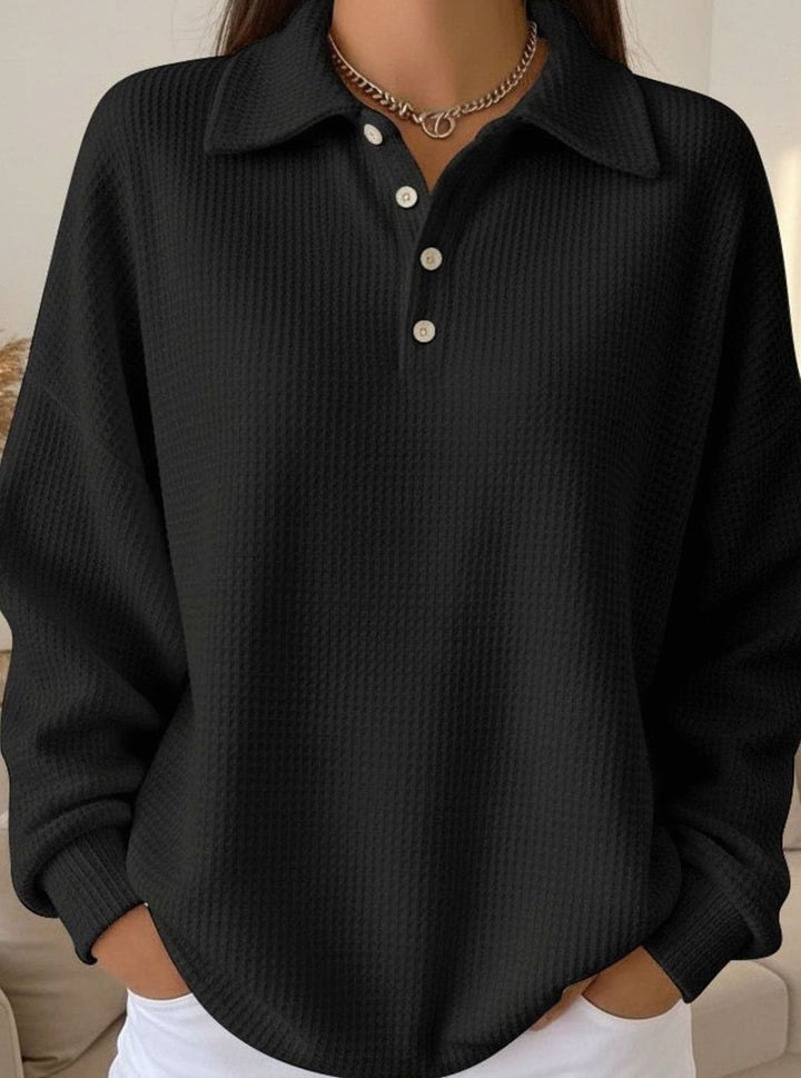 Women's Long Sleeve Polo Knit Sweater Button Collar - Black