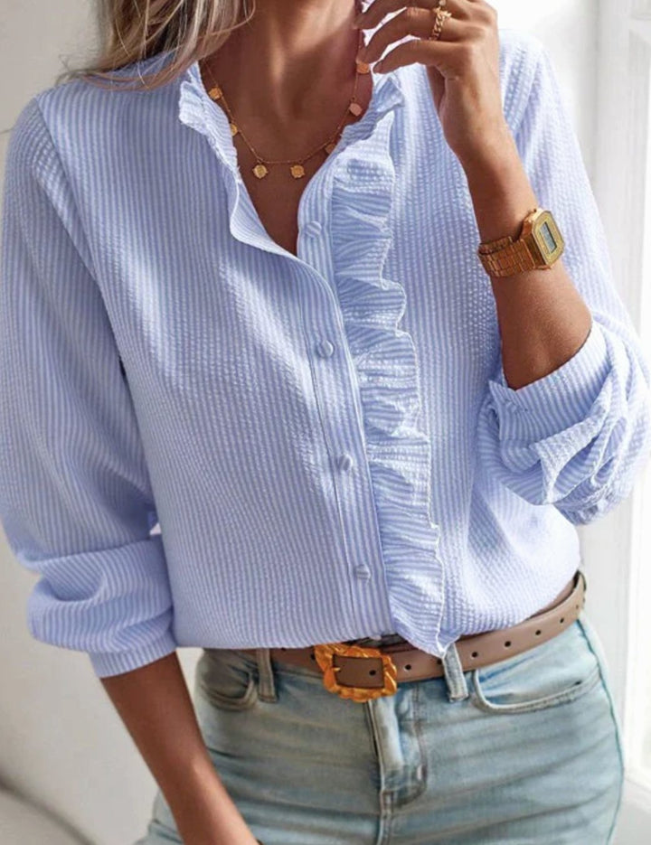 Women's Long-Sleeve Ruffle-Front Button-Down Work Blouse - Blue