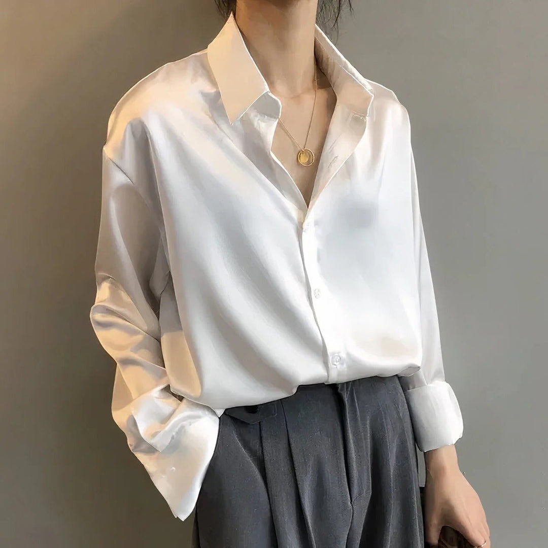 Women's Long Sleeve Satin Button-Down Collared Blouse - White