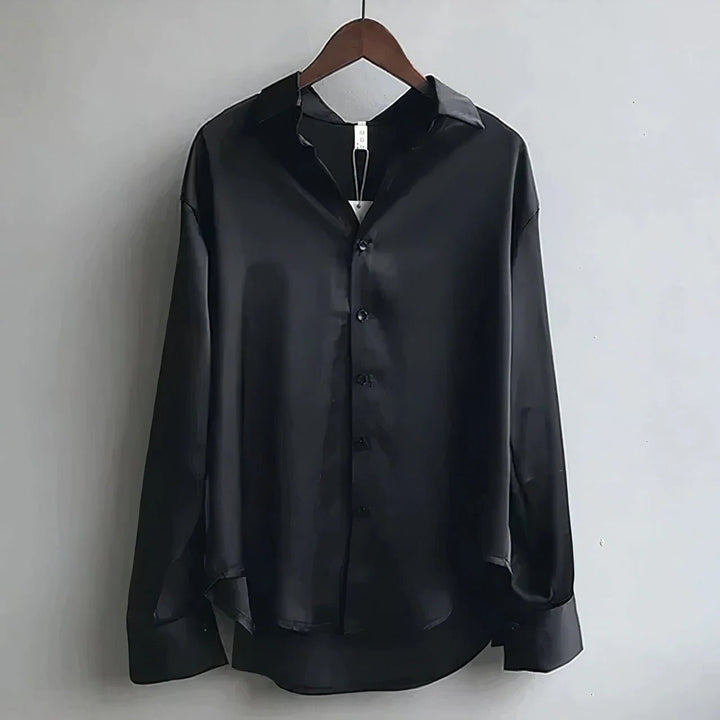 Women's Long Sleeve Satin Button-Down Collared Blouse - Black
