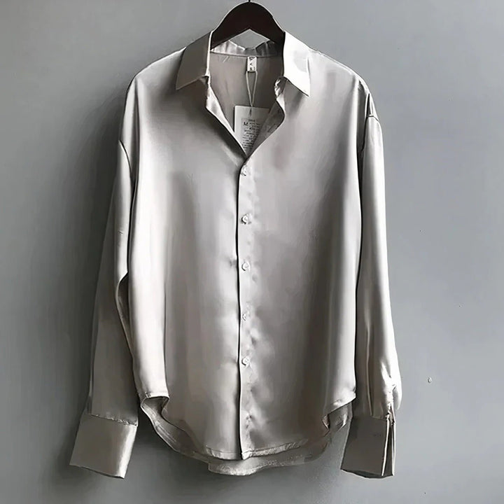 Women's Long Sleeve Satin Button-Down Collared Blouse - Gray