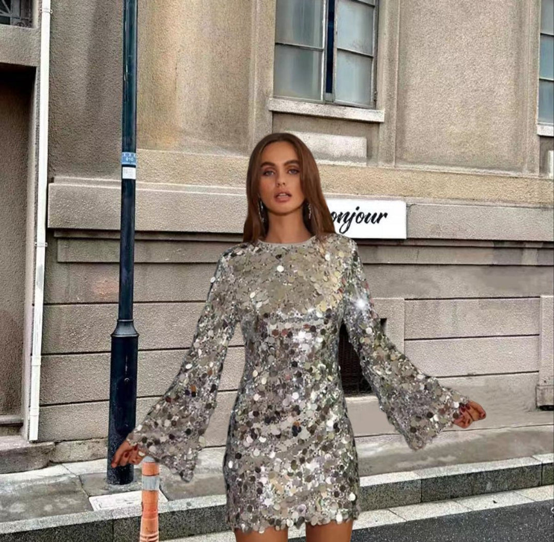 Women's Long Sleeve Sequin Mini Cocktail Dress - Silver