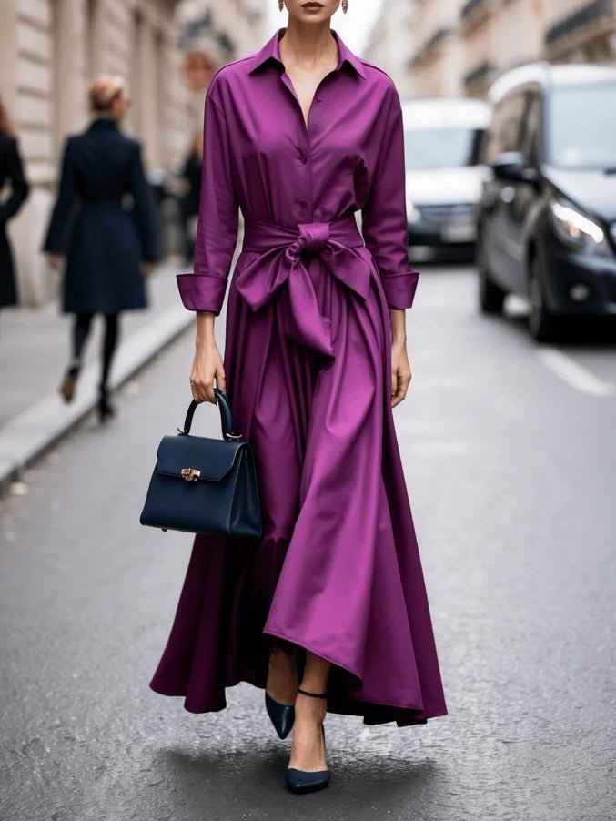 Women's Long-Sleeve Tie-Waist Shirt-Style Maxi Dress - Purple