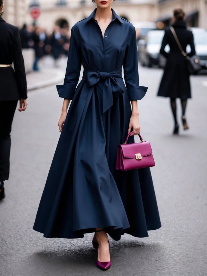 Women's Long-Sleeve Tie-Waist Shirt-Style Maxi Dress - Navy