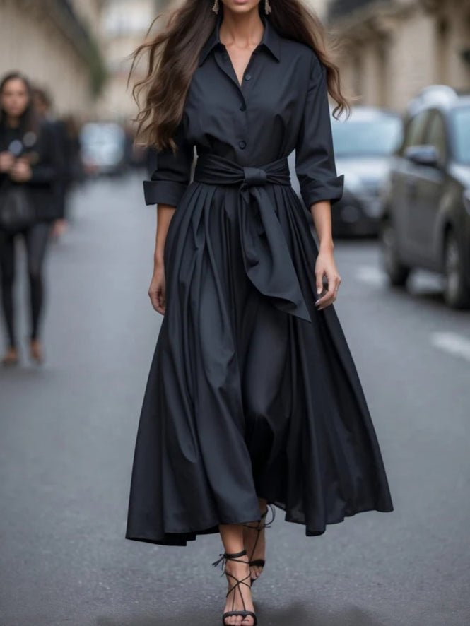Women's Long-Sleeve Tie-Waist Shirt-Style Maxi Dress - Black