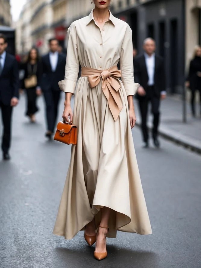 Women's Long-Sleeve Tie-Waist Shirt-Style Maxi Dress - Beige
