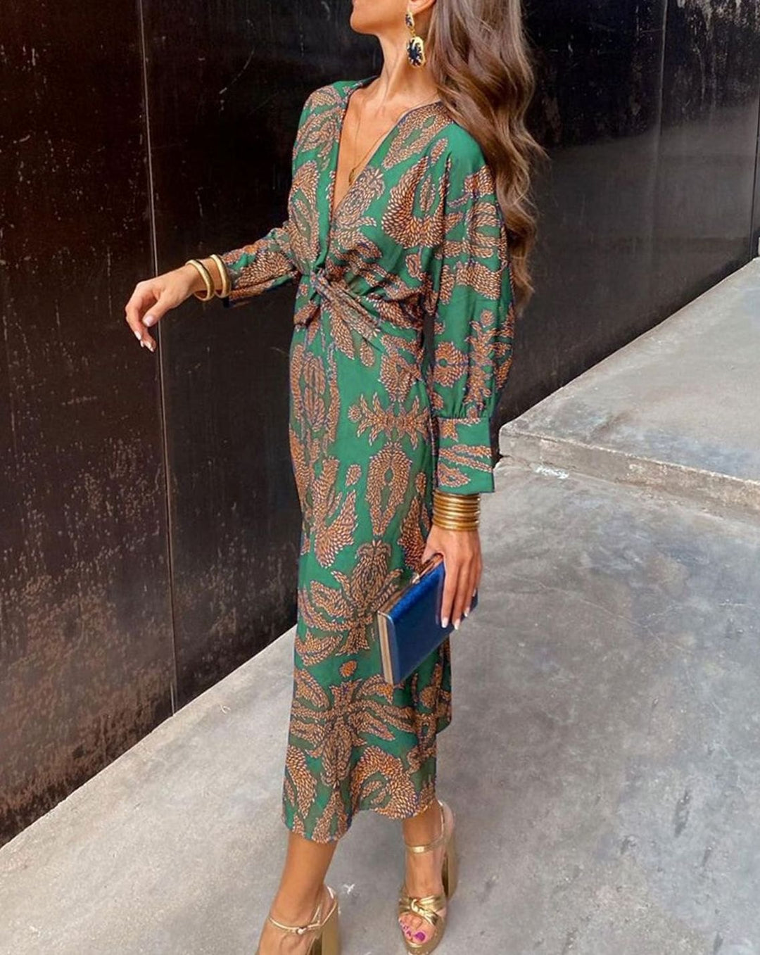 Women's Long-Sleeve V-Neck Knotted Waist Printed Maxi Dress - Green