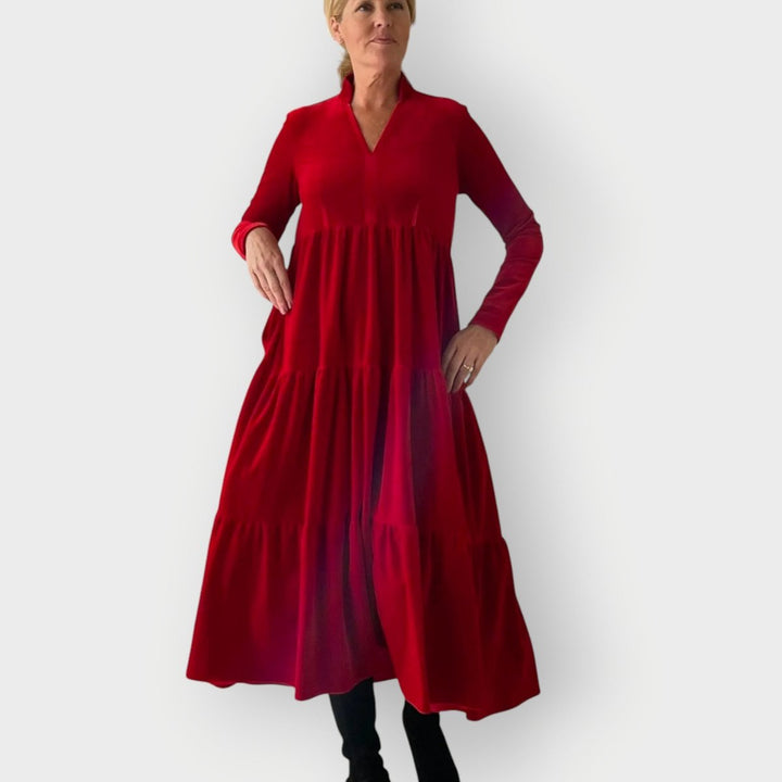 Women's Long-Sleeve Velvet Tiered Formal Dresses Maxi - Red