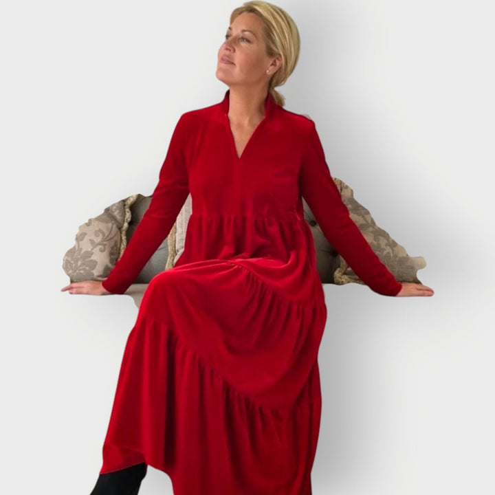 Women's Long-Sleeve Velvet Tiered Formal Dresses Maxi