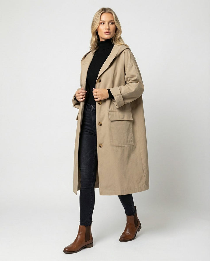 Women's Long Waterproof Windproof Hooded Trench Coat - Beige