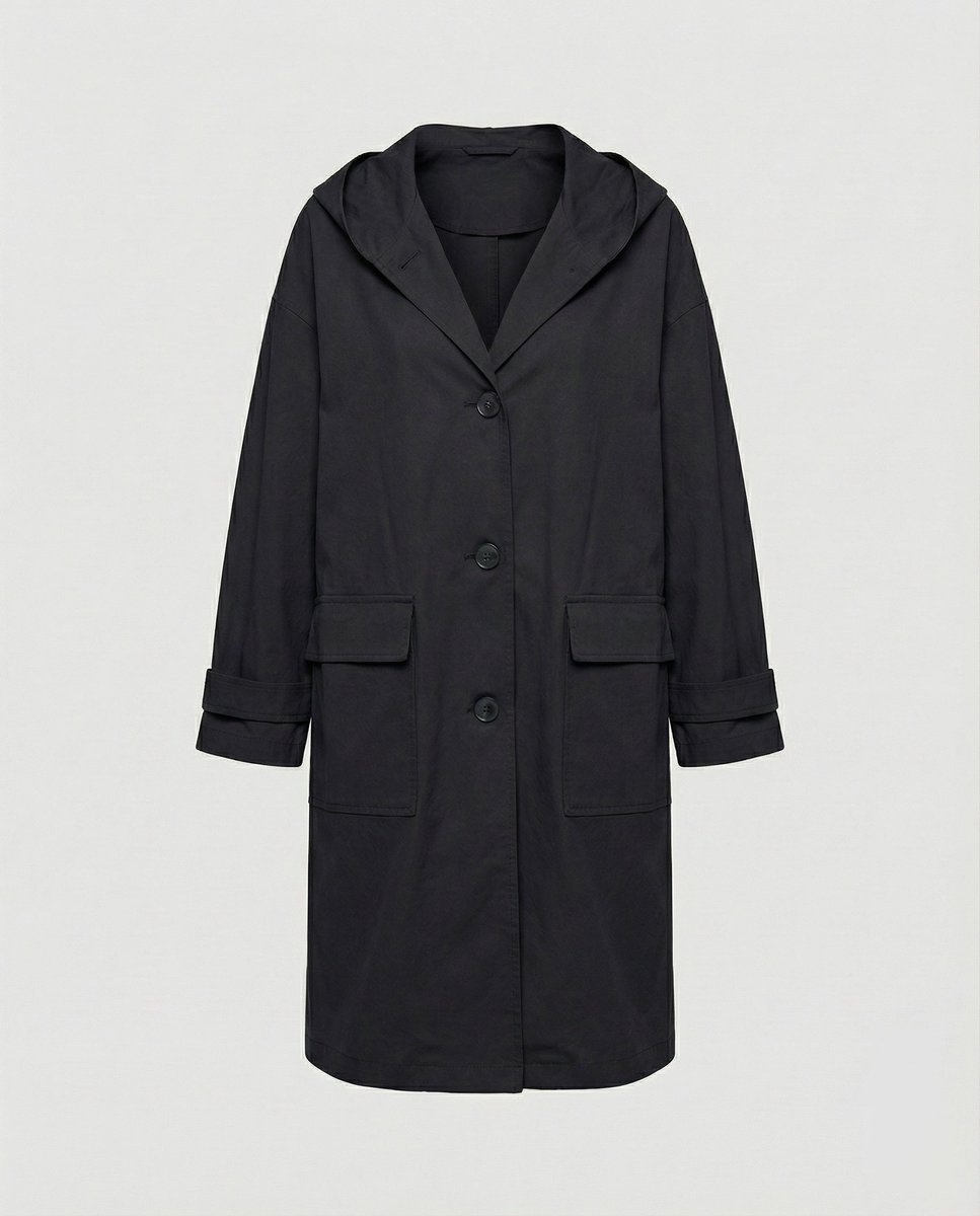 Women's Long Waterproof Windproof Hooded Trench Coat - Black