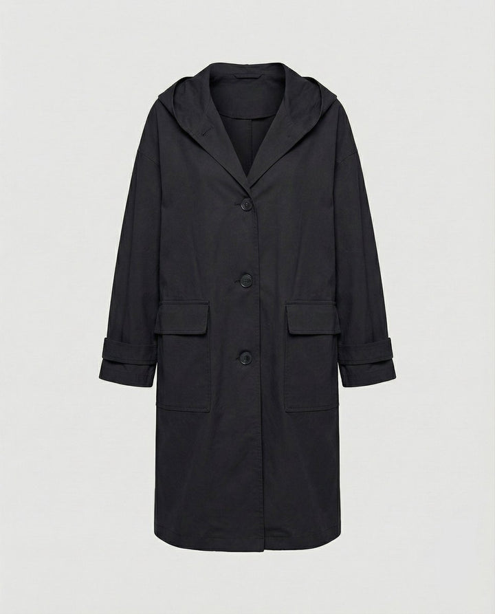 Women's Long Waterproof Windproof Hooded Trench Coat - Black
