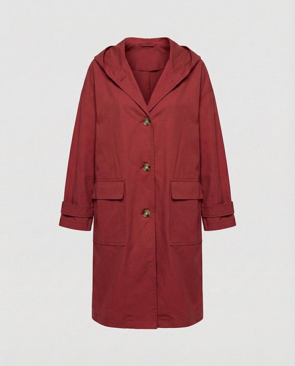 Women's Long Waterproof Windproof Hooded Trench Coat - Red