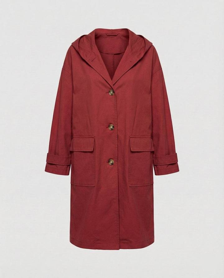 Women's Long Waterproof Windproof Hooded Trench Coat - Red