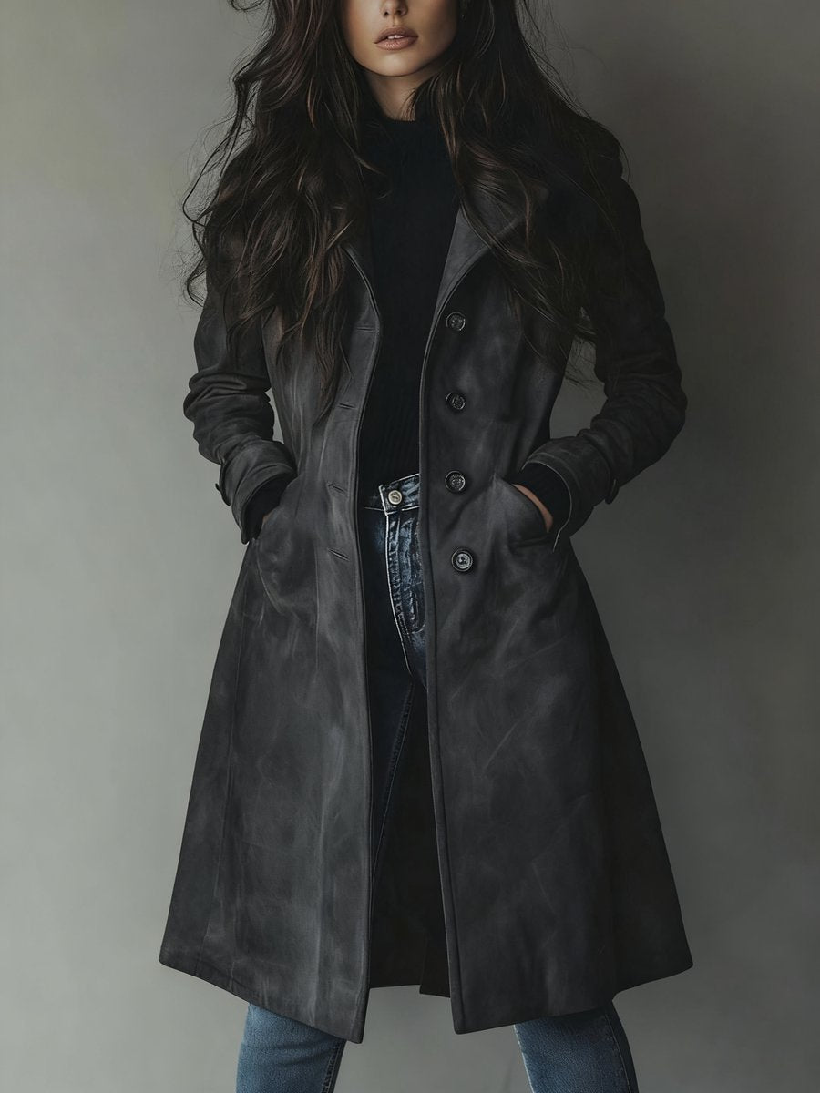 Women's Longline Double-Breasted Tailored Trench Coat - Dark Gray