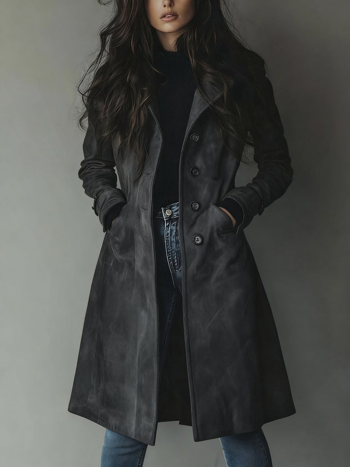 Women's Longline Double-Breasted Tailored Trench Coat - Dark Gray