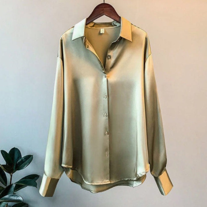 Women's Loose-Fit Button-Down Long-Sleeve Satin Blouses - Olive Green
