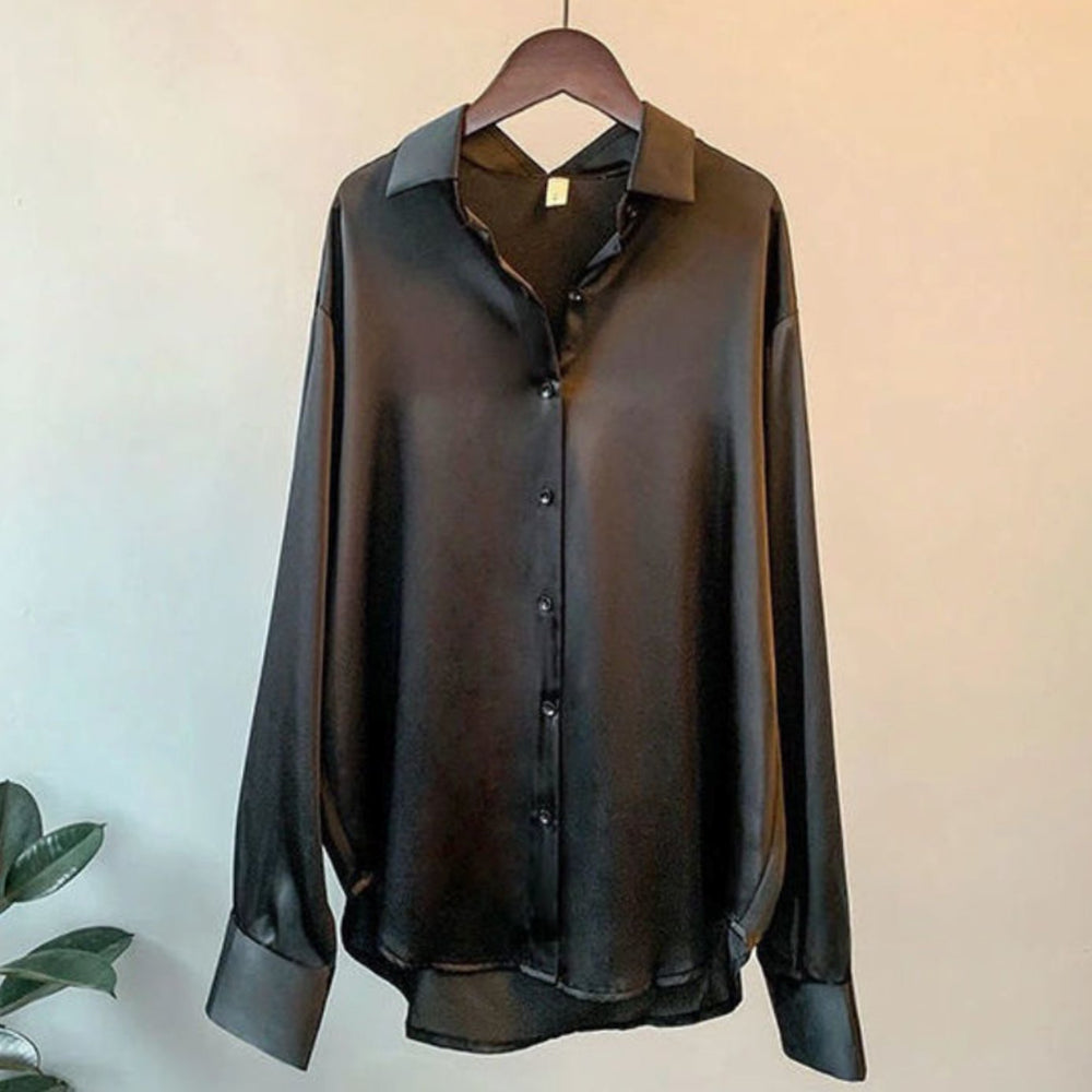 Women's Loose-Fit Button-Down Long-Sleeve Satin Blouses - Black