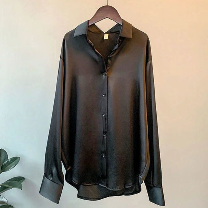 Women's Loose-Fit Button-Down Long-Sleeve Satin Blouses - Black