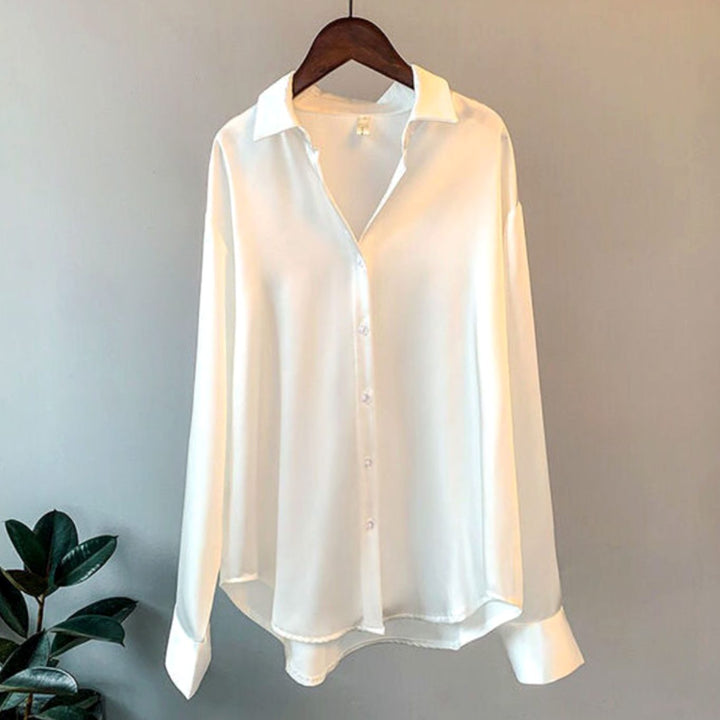 Women's Loose-Fit Button-Down Long-Sleeve Satin Blouses - White
