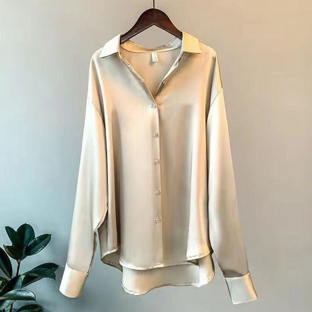 Women's Loose-Fit Button-Down Long-Sleeve Satin Blouses - Beige