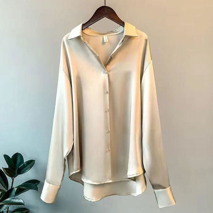 Women's Loose-Fit Button-Down Long-Sleeve Satin Blouses - Beige
