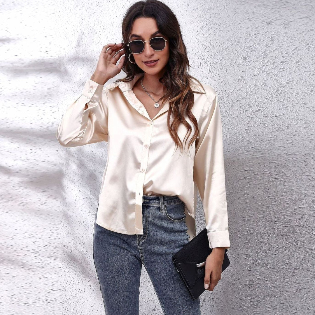 Women's Loose-Fit Long-Sleeve Button-Down Satin Blouses