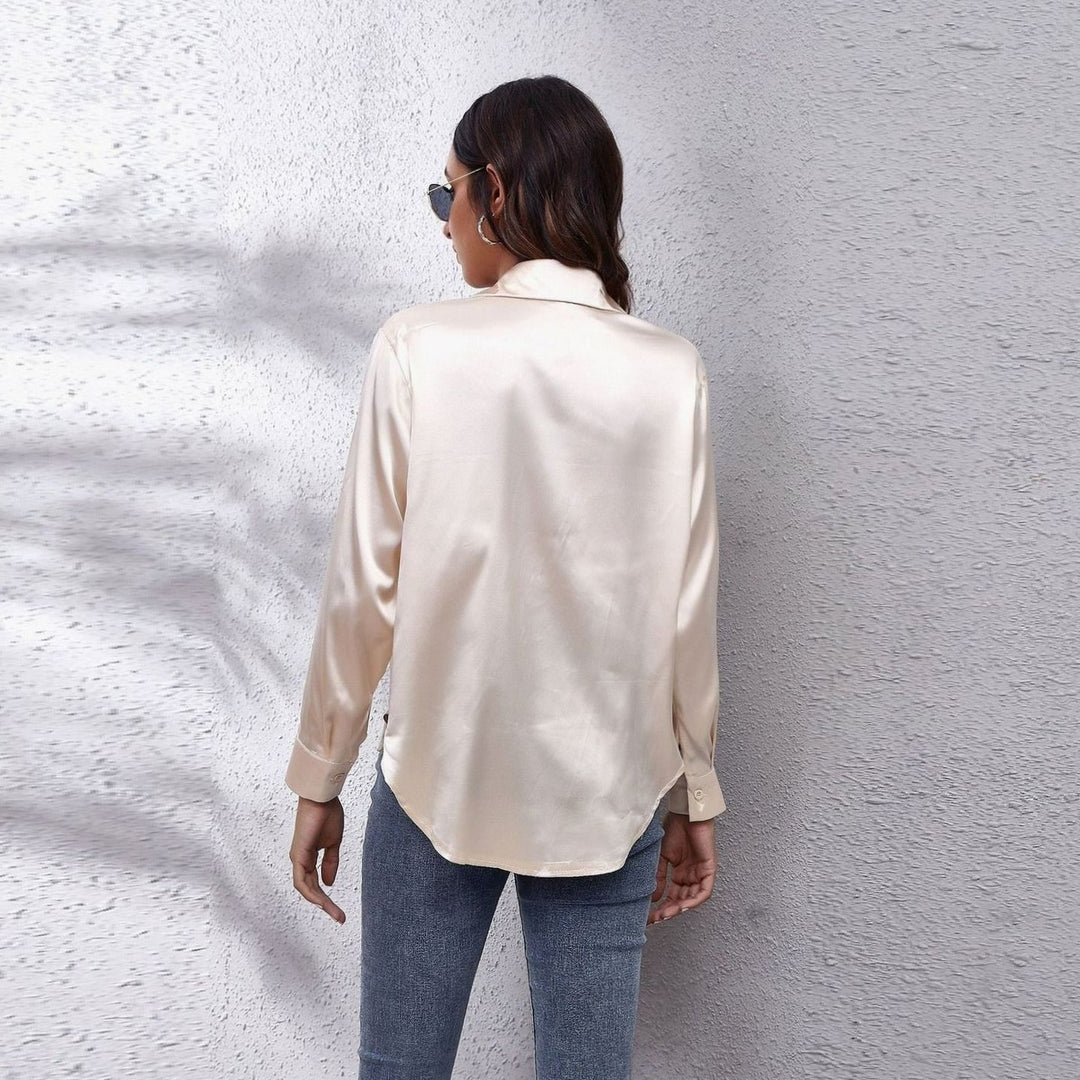 Women's Loose-Fit Long-Sleeve Button-Down Satin Blouses