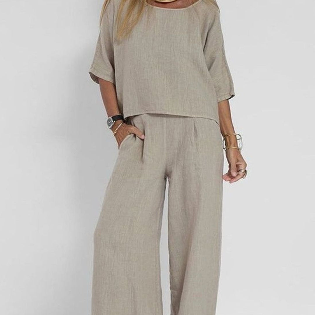 Women's Loose Fit Short-Sleeve Wide-Leg Matching Outfit Set - Light Gray