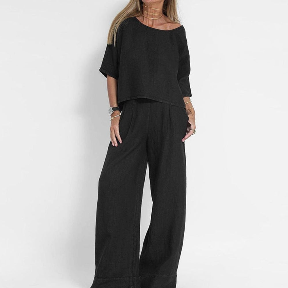 Women's Loose Fit Short-Sleeve Wide-Leg Matching Outfit Set - Black