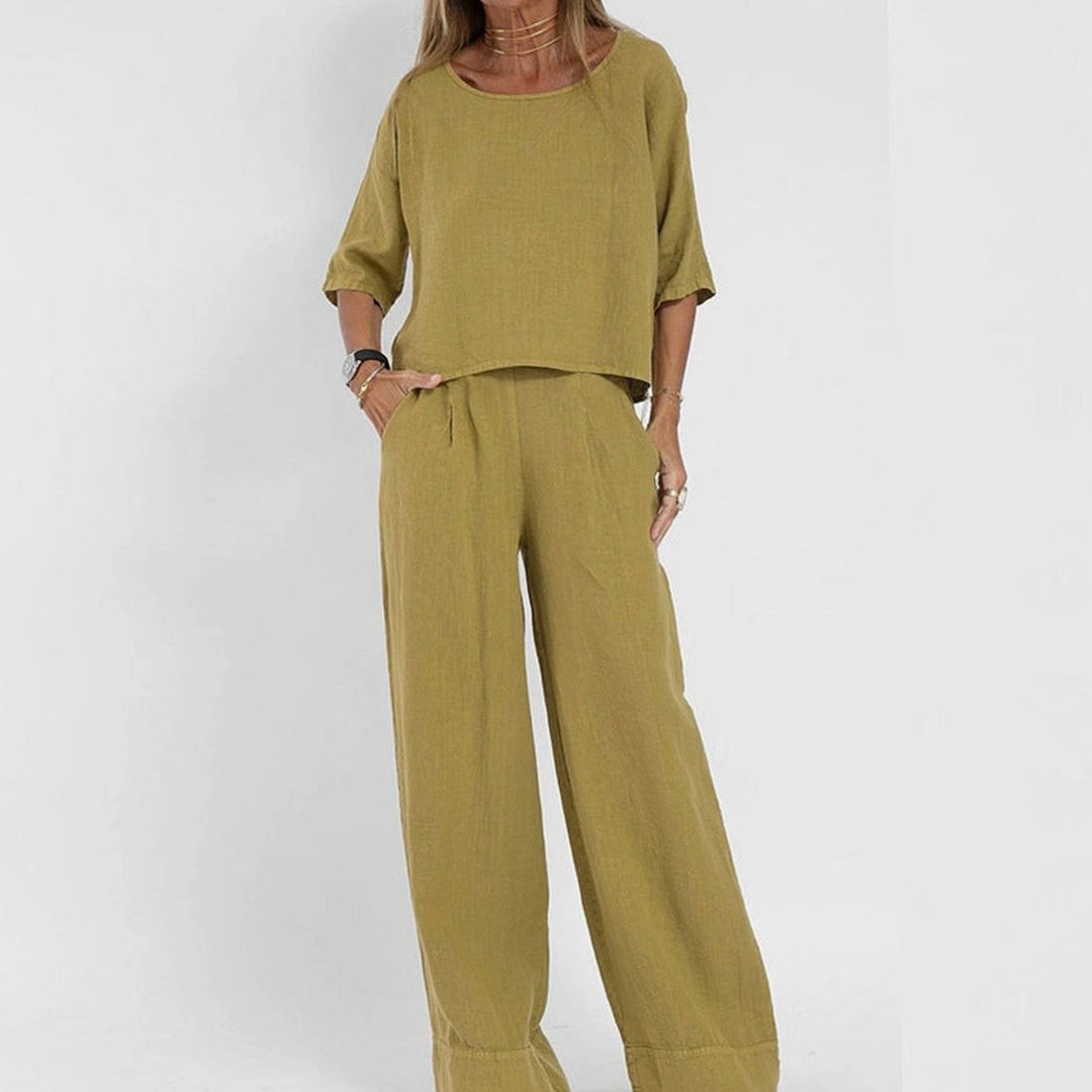 Women's Loose Fit Short-Sleeve Wide-Leg Matching Outfit Set - Yellow
