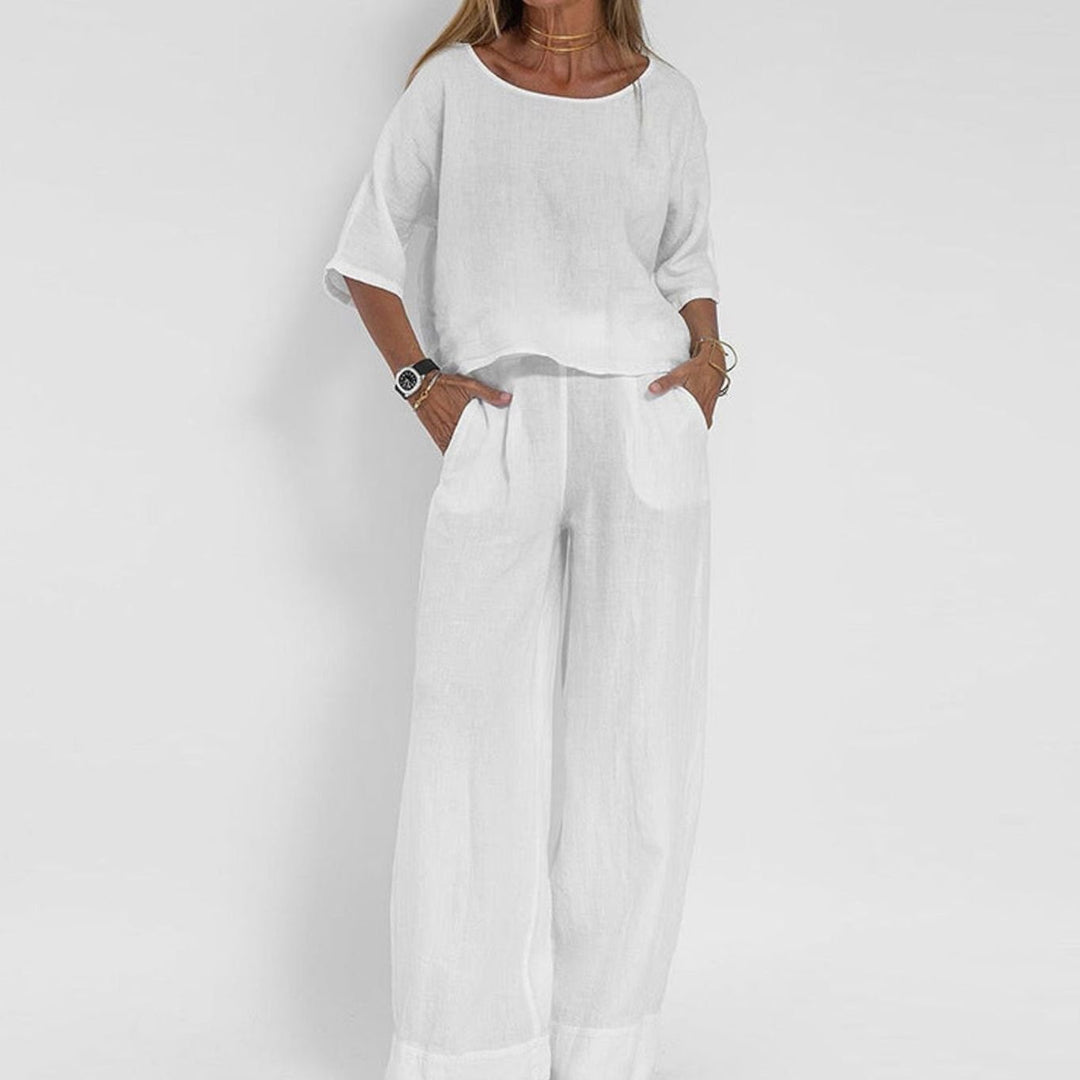 Women's Loose Fit Short-Sleeve Wide-Leg Matching Outfit Set - White