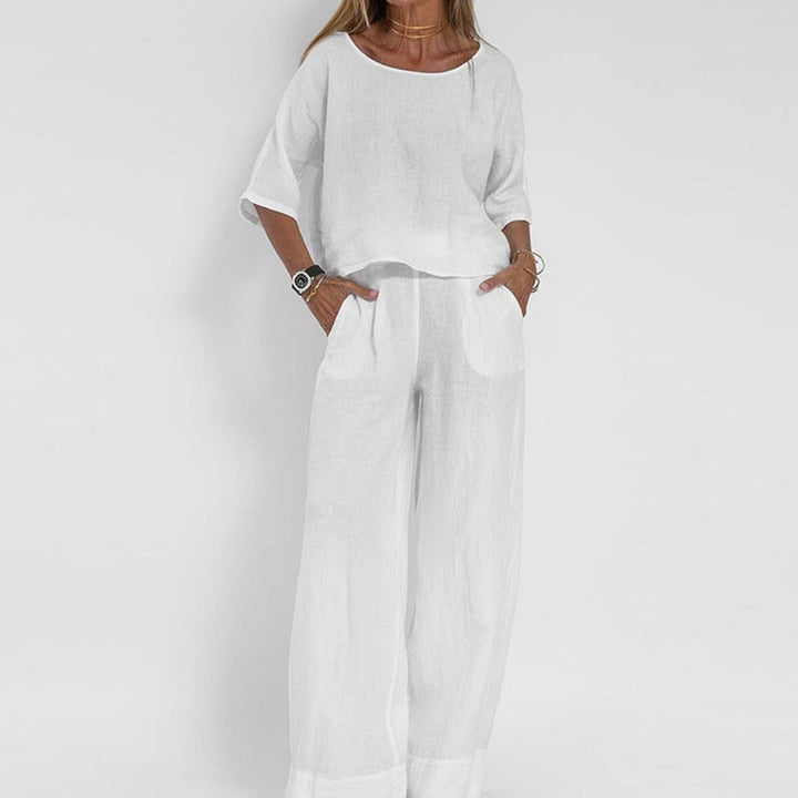 Women's Loose Fit Short-Sleeve Wide-Leg Matching Outfit Set - White