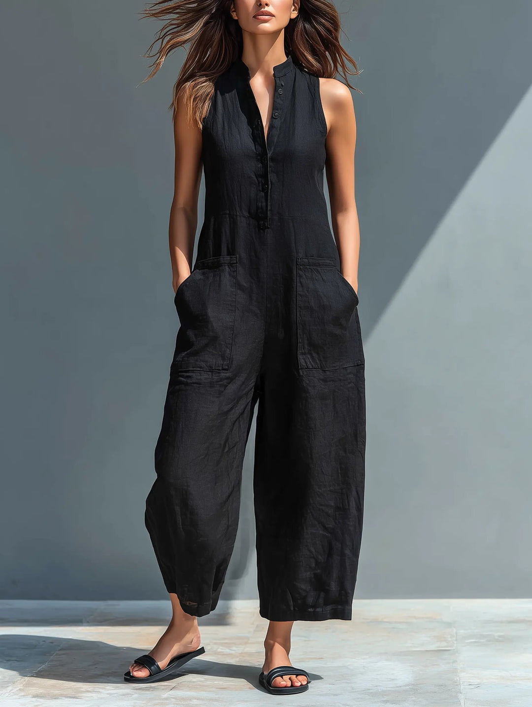 Women's Loose-Fit Sleeveless Linen-Blend Stand-Collar Jumpsuit - Black
