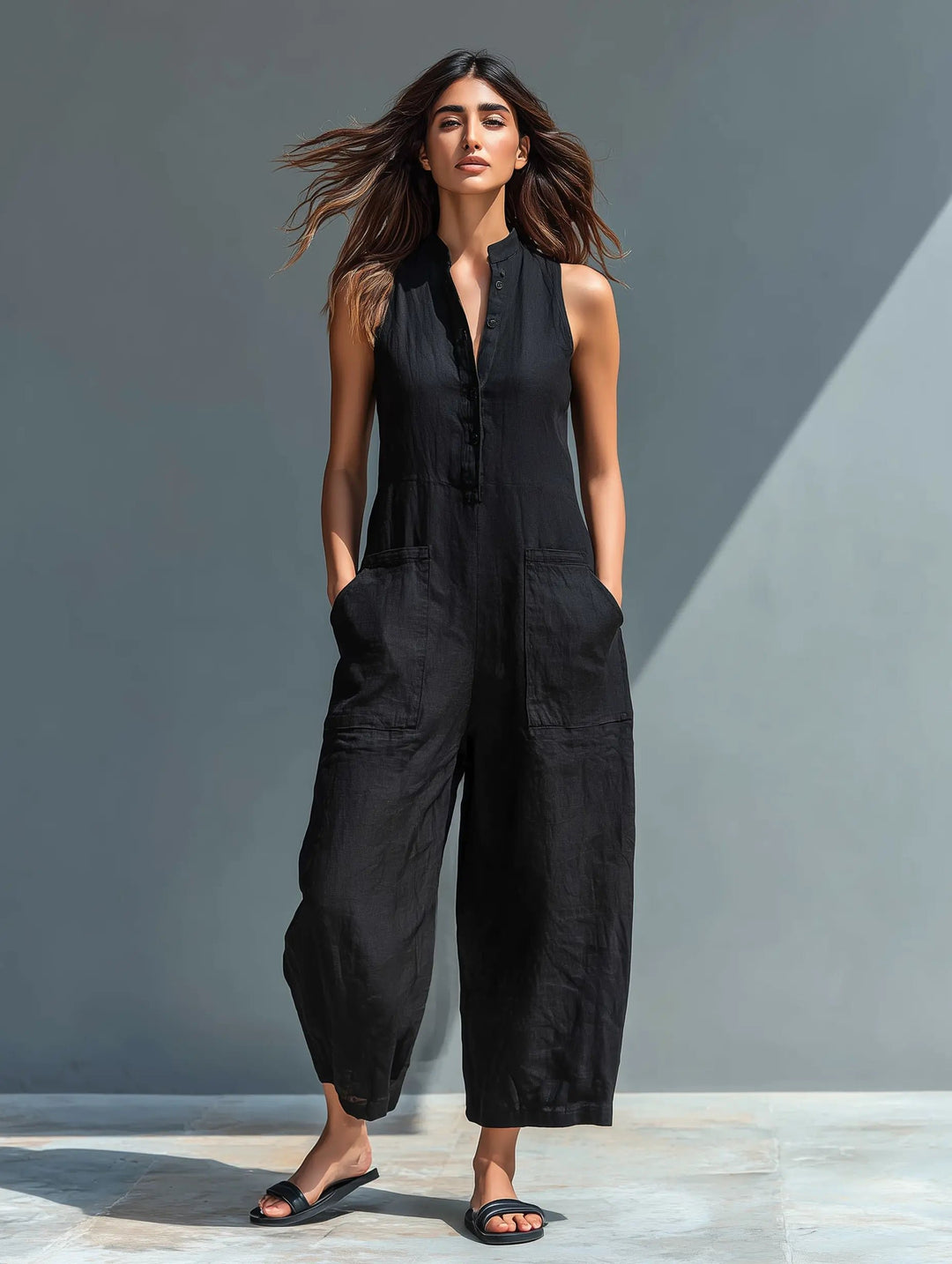 Women's Loose-Fit Sleeveless Linen-Blend Stand-Collar Jumpsuit