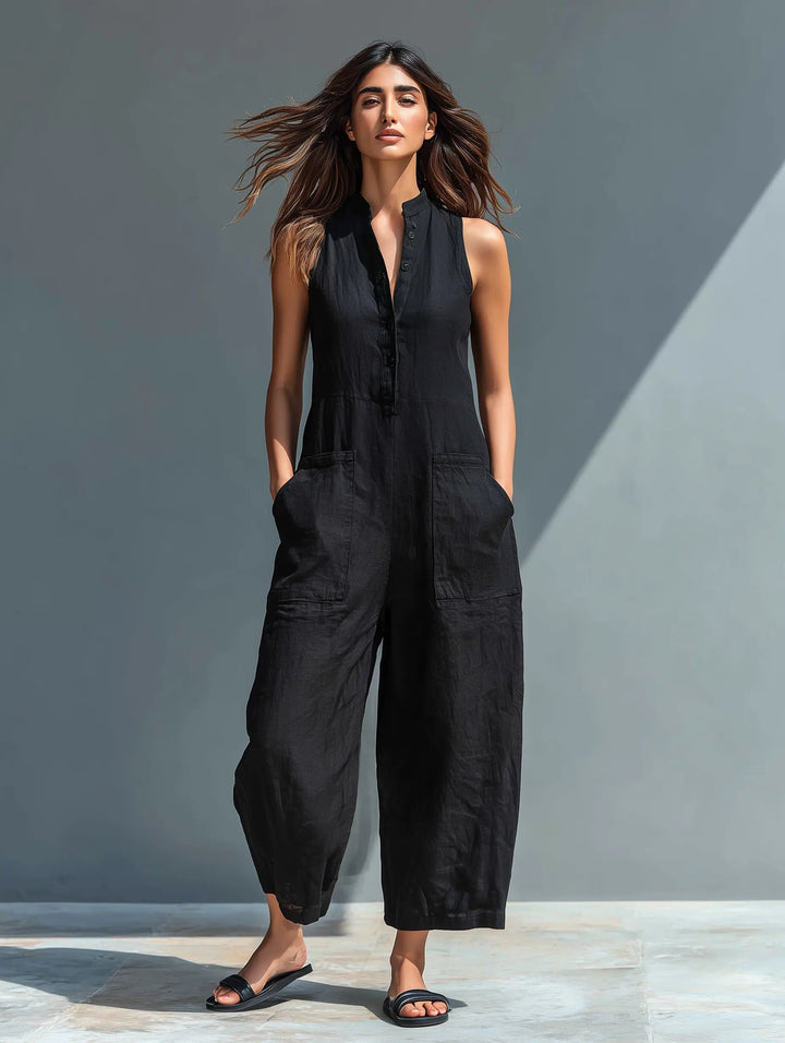 Women's Loose-Fit Sleeveless Linen-Blend Stand-Collar Jumpsuit