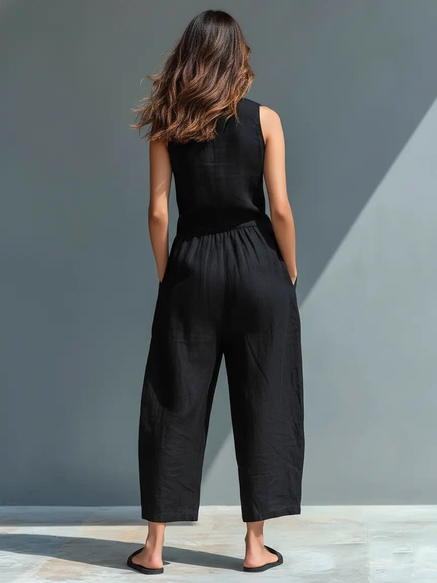 Women's Loose-Fit Sleeveless Linen-Blend Stand-Collar Jumpsuit